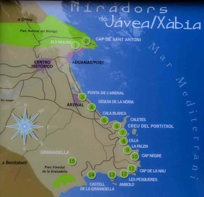 Map showing 15 viewing points in Javea