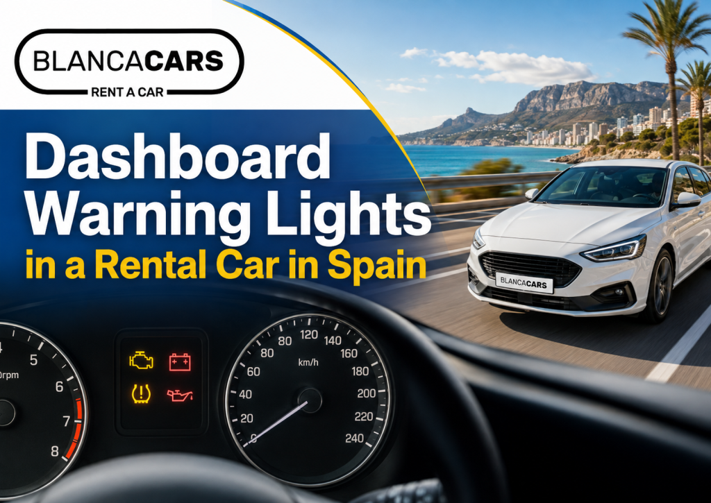 Blanca Cars rental vehicle in Spain displaying dashboard warning lights while the driver contacts roadside assistance.