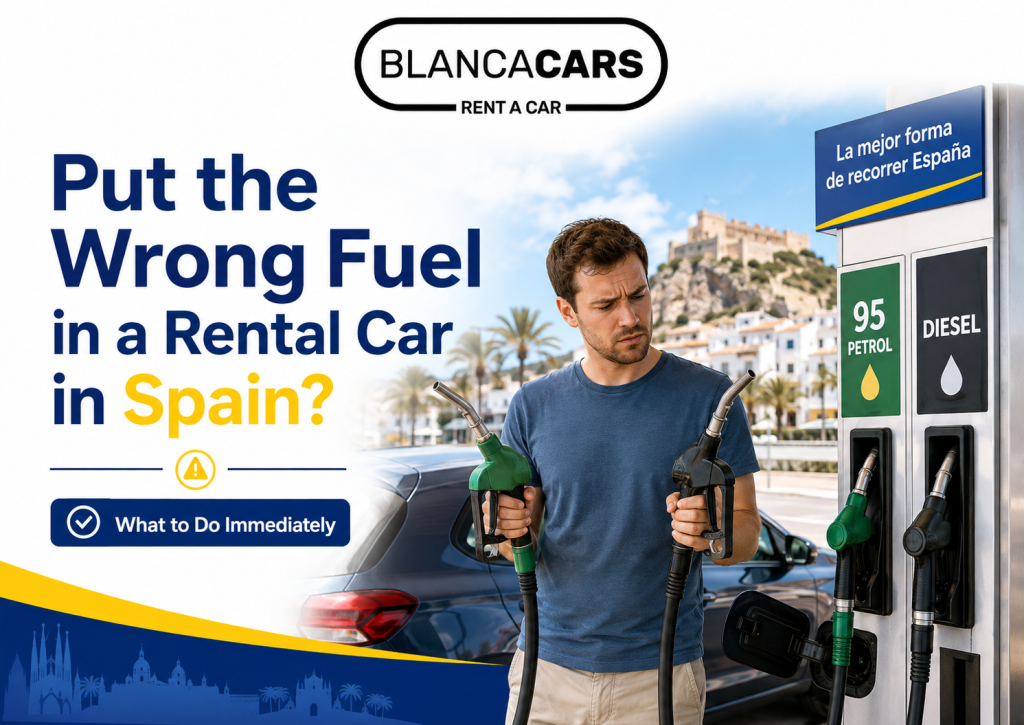 Blanca Cars rental vehicle at a Spanish petrol station with a driver checking whether to use petrol or diesel before refuelling.