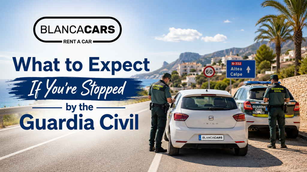 Guardia Civil traffic officers carrying out a roadside check on a Blanca Cars rental vehicle on the Costa Blanca in Spain.